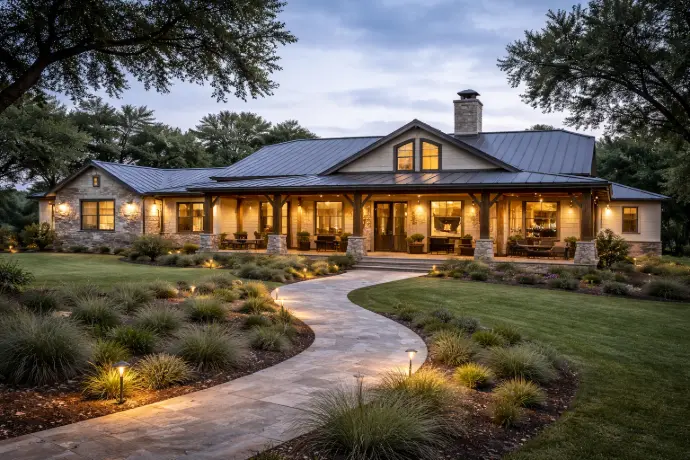Single-story designs built for livability, accessibility, and long-term comfort. This style is especially strong in Texas and similar regions.